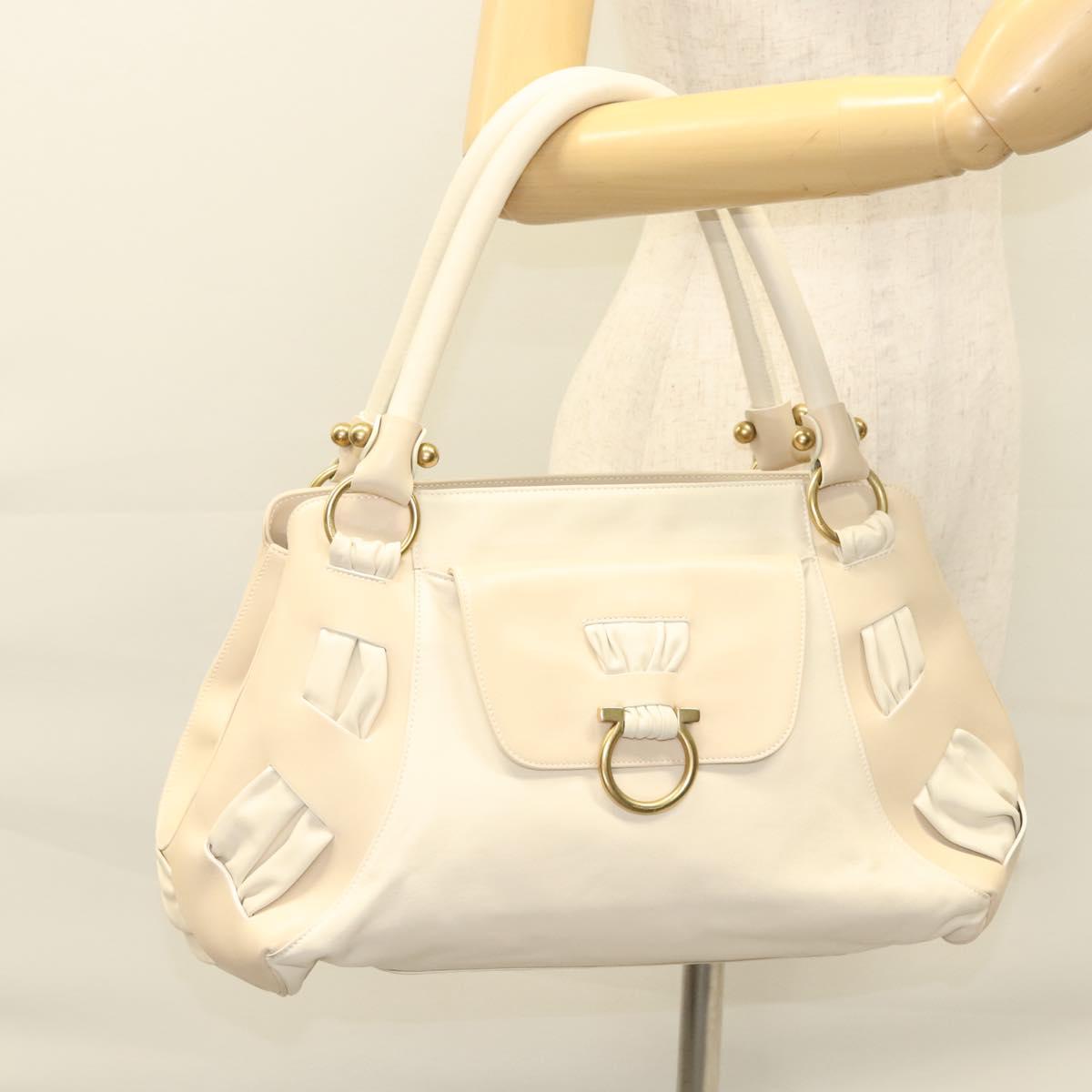 Salvatore Ferragamo Gancini Shoulder Bag Leather Ivory Gold Auth 121471
