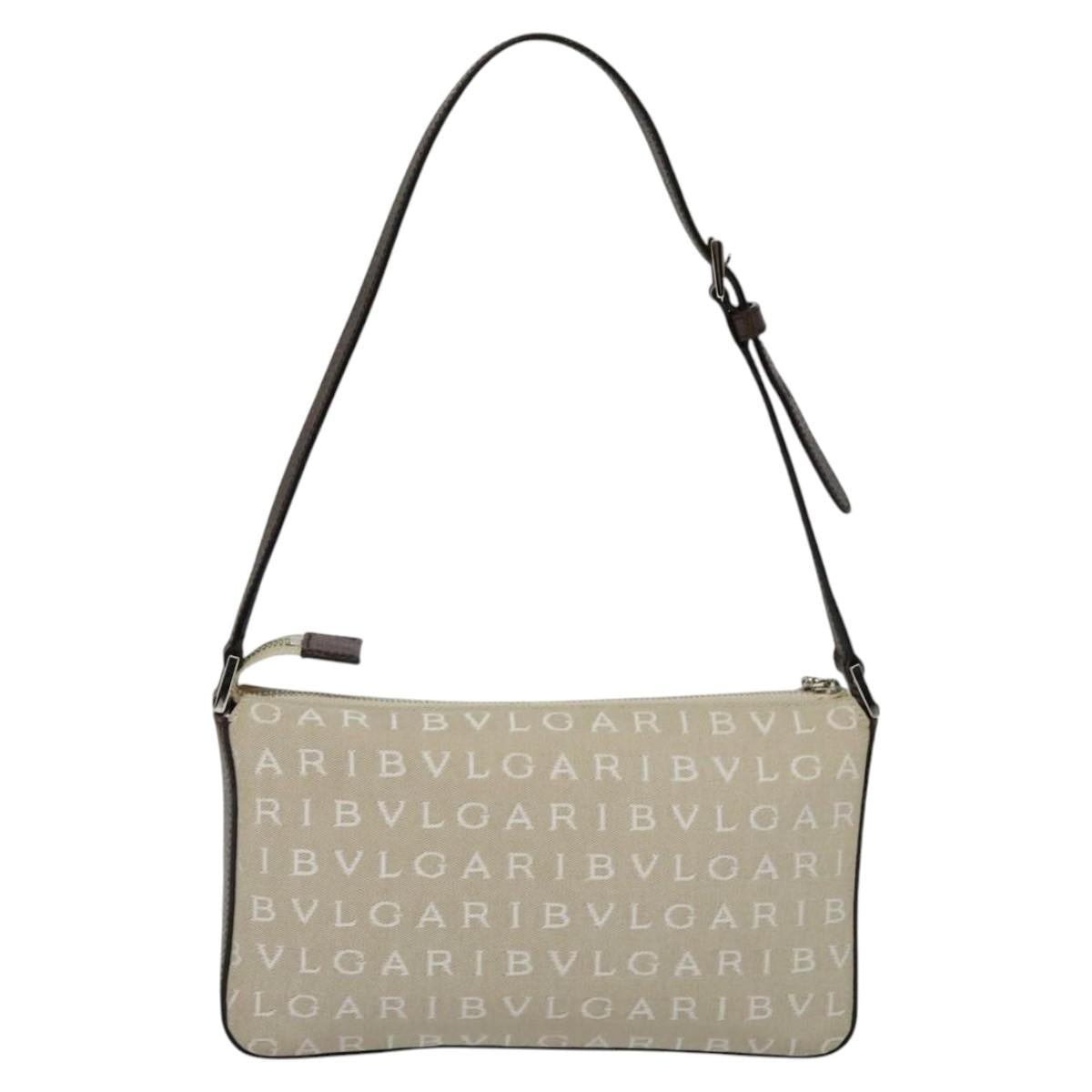 BVLGARI Shoulder Bag Canvas Ivory Silver Auth 121484