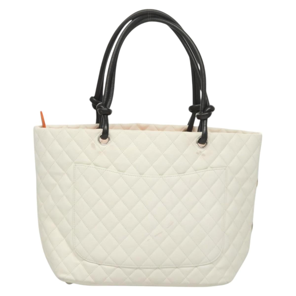 CHANEL Matelasse Cambon Line COCO Mark Tote Bag Lamb Skin White CC Auth 121507