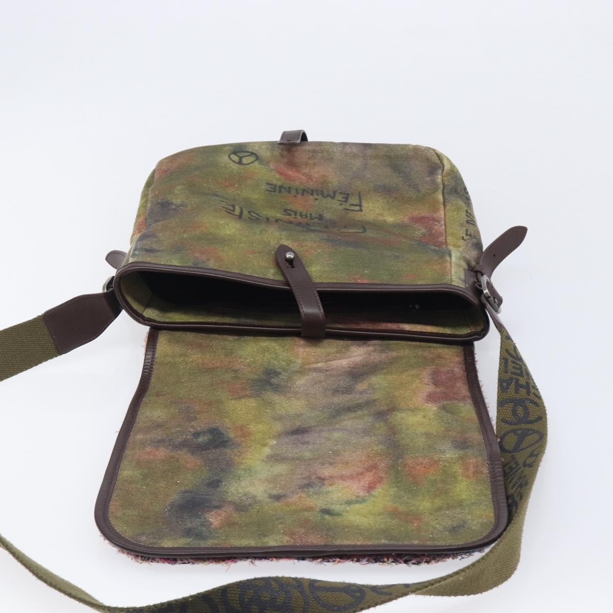 CHANEL Embroidery Graffiti Messenger bag Canvas Khaki Silver CC Auth 121518SM