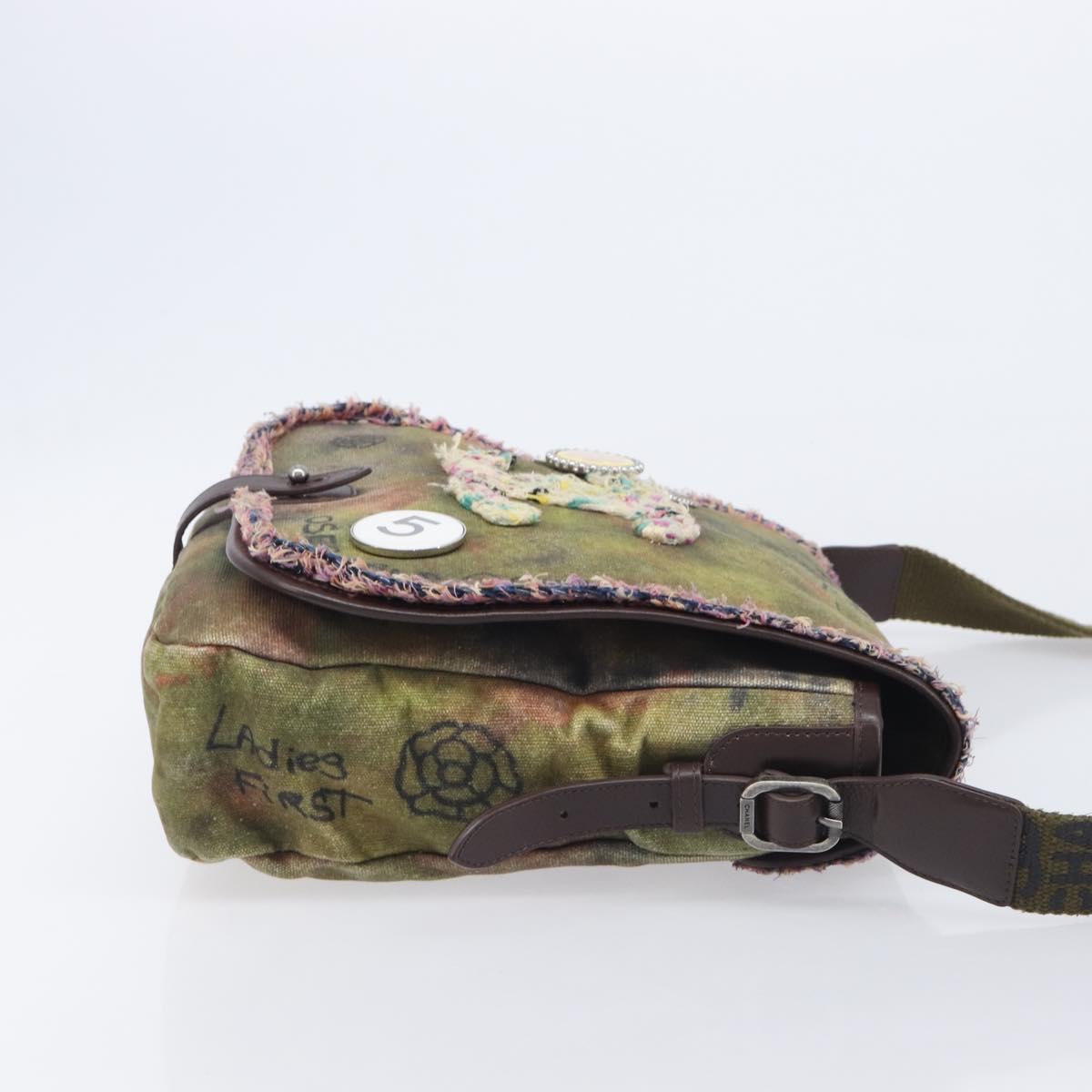 CHANEL Embroidery Graffiti Messenger bag Canvas Khaki Silver CC Auth 121518SM