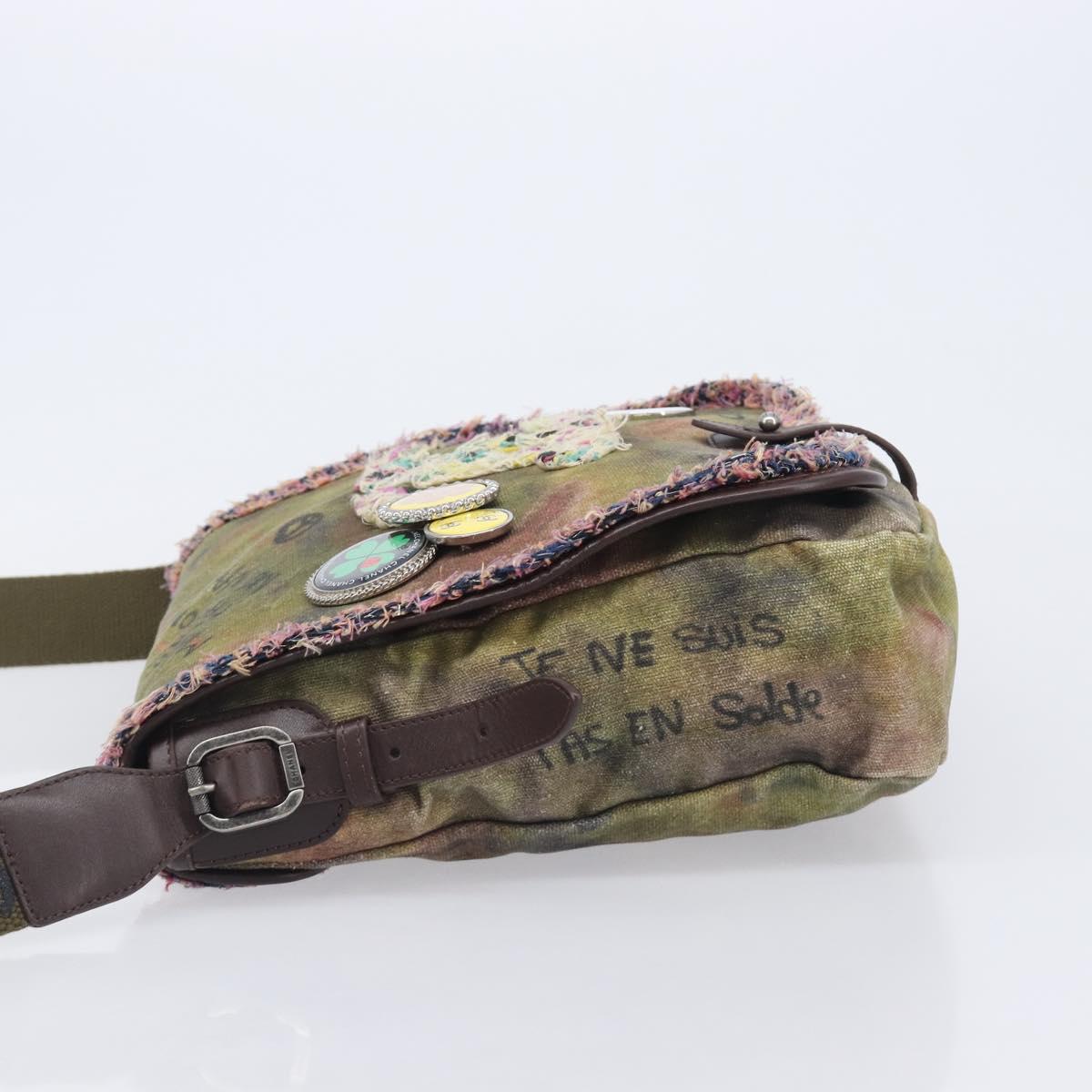 CHANEL Embroidery Graffiti Messenger bag Canvas Khaki Silver CC Auth 121518SM