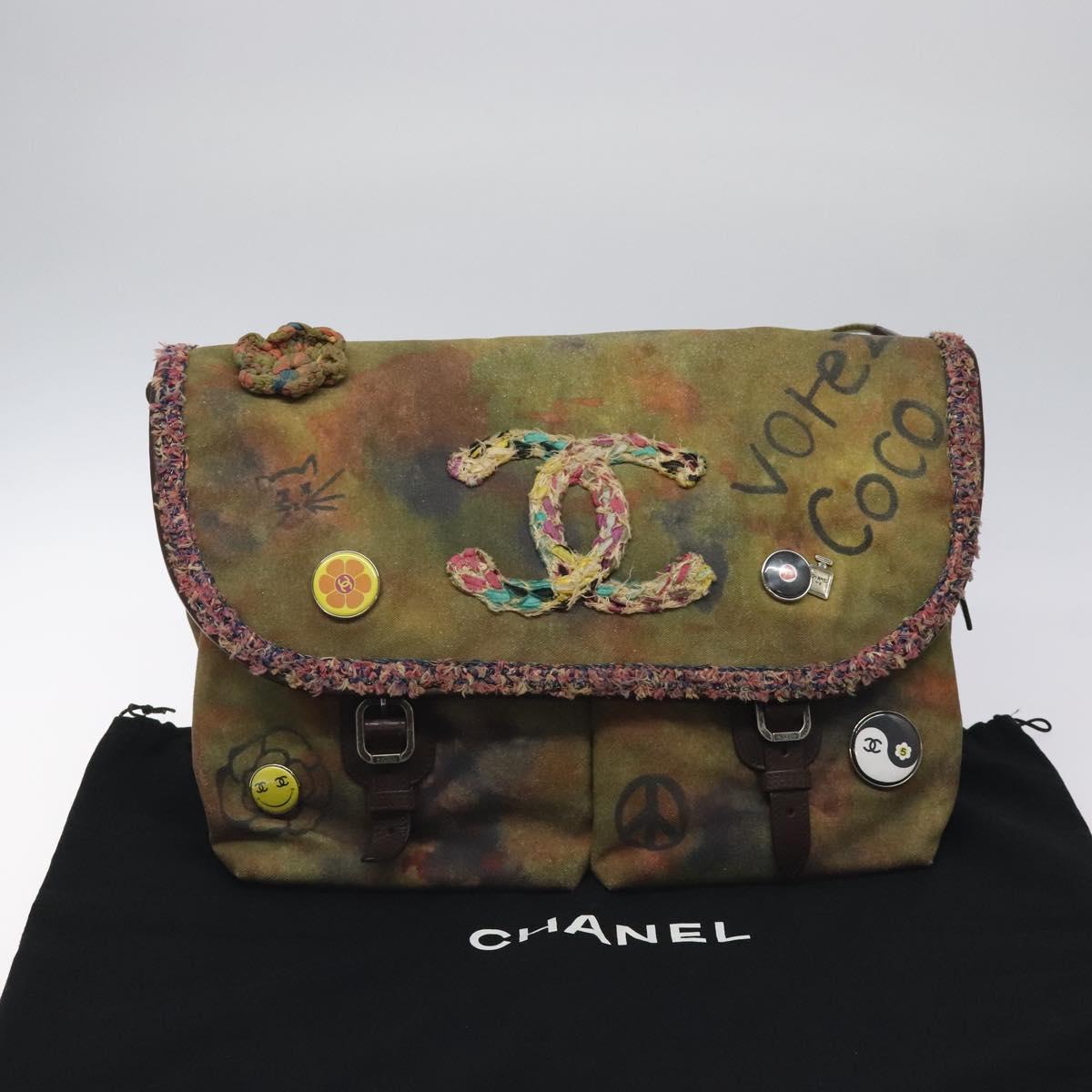 CHANEL Embroidery Graffiti Shoulder Bag Canvas Leather Khaki CC Auth 121519SV