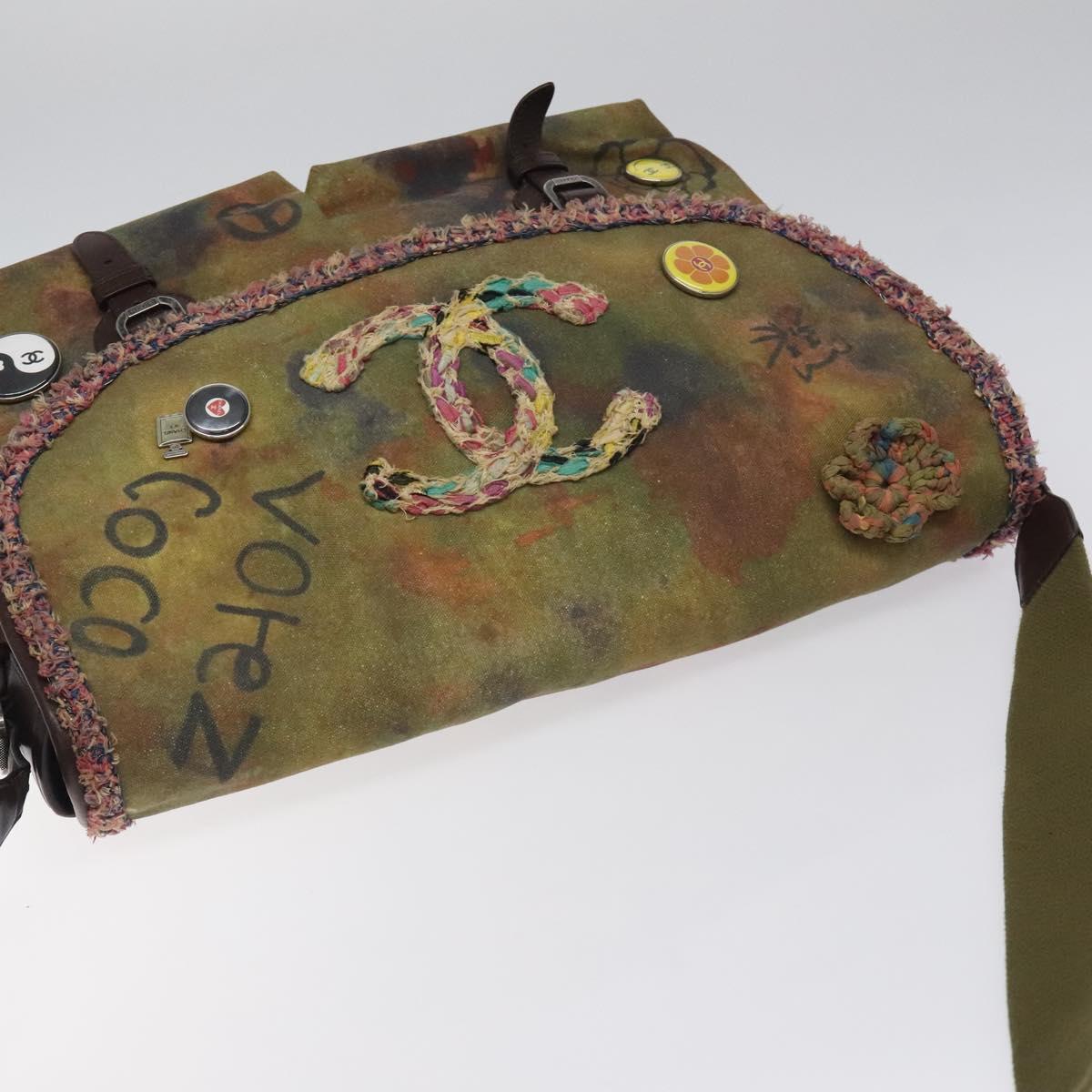 CHANEL Embroidery Graffiti Shoulder Bag Canvas Leather Khaki CC Auth 121519SV