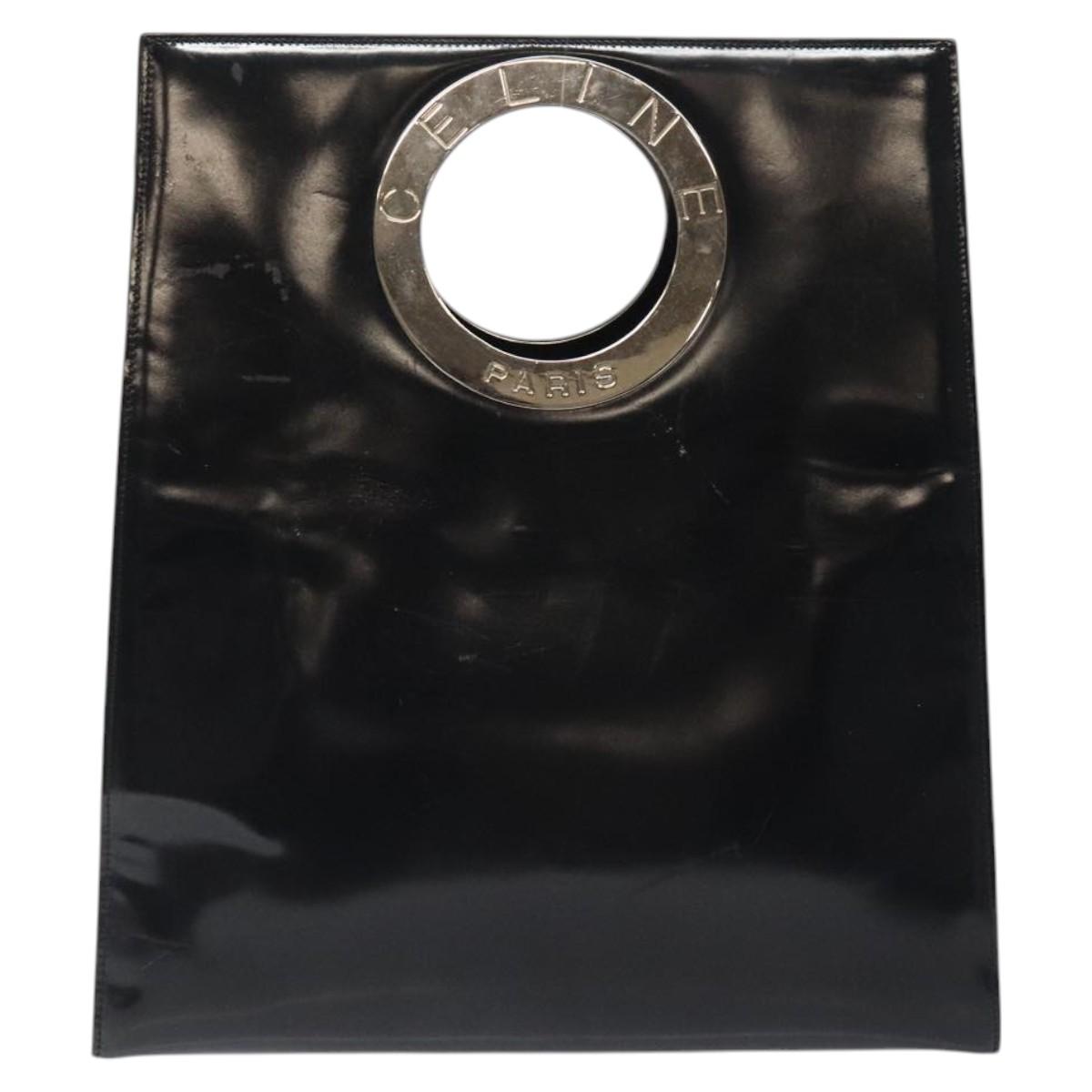 CELINE Hand Bag Enamel Black Silver Auth 121615