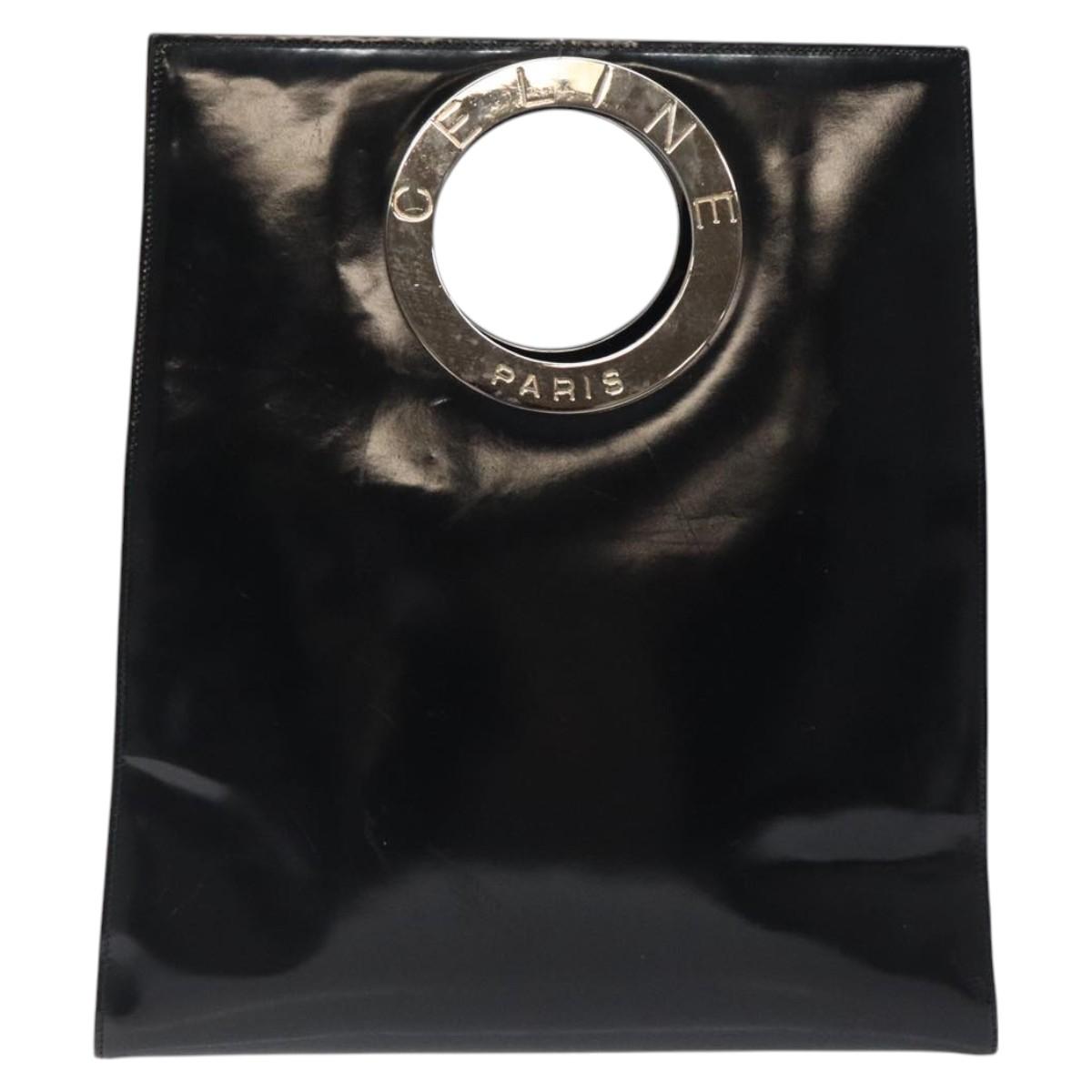 CELINE Hand Bag Enamel Black Silver Auth 121615