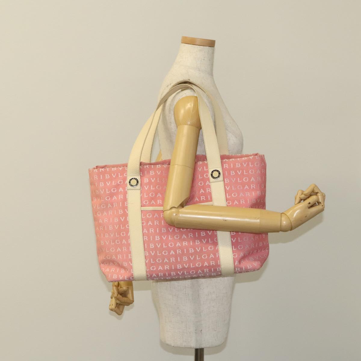 BVLGARI Logo Mania Tote Bag Canvas Pink Silver Auth 121657