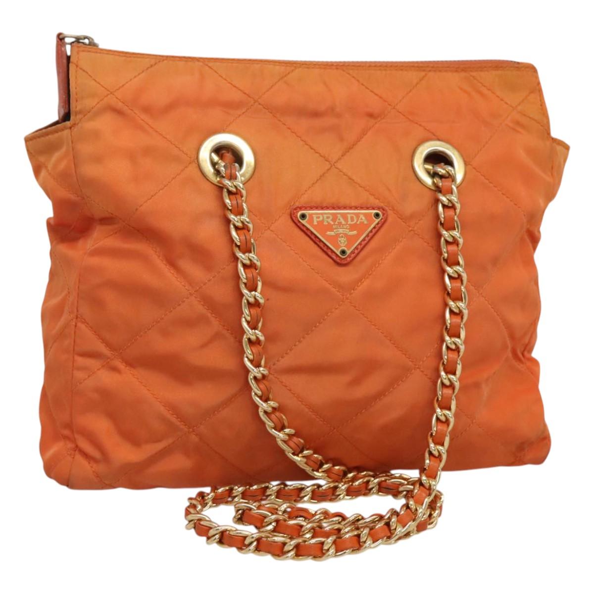 PRADA Chain Shoulder Bag Nylon Orange Gold Auth 121685
