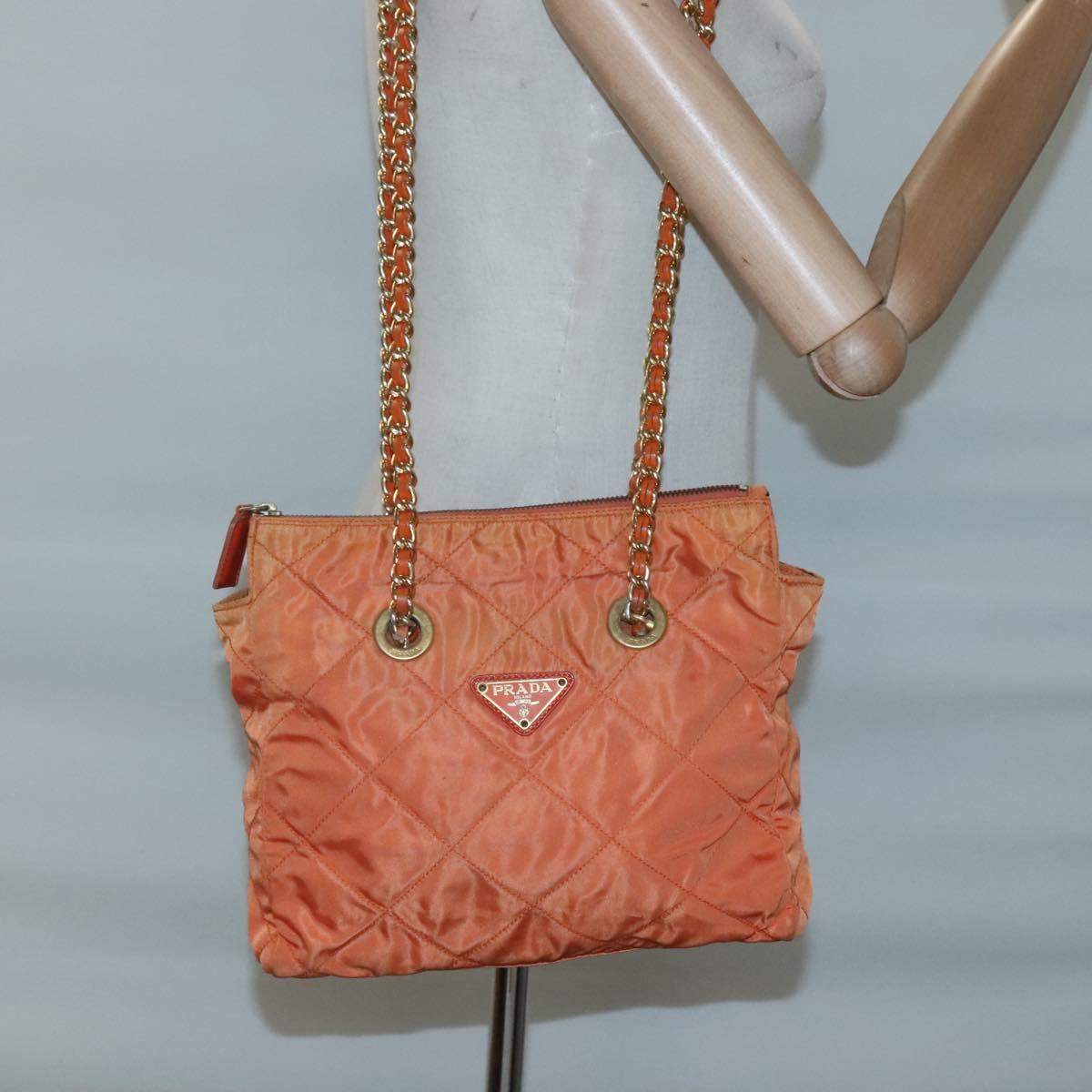 PRADA Chain Shoulder Bag Nylon Orange Gold Auth 121685