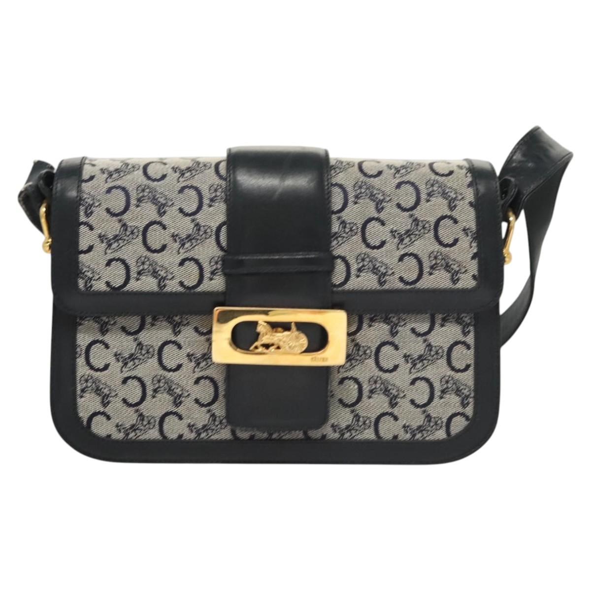 CELINE C Sulky Shoulder Bag Canvas Navy Gold Auth 121704