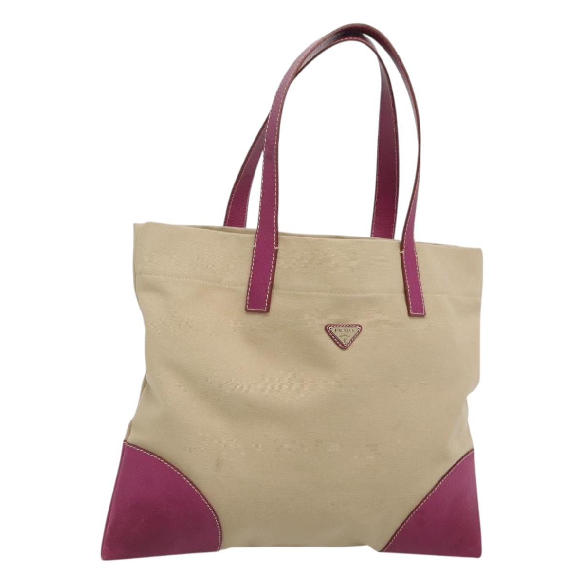 PRADA Tote Bag Canvas Leather Beige Silver Auth 121707