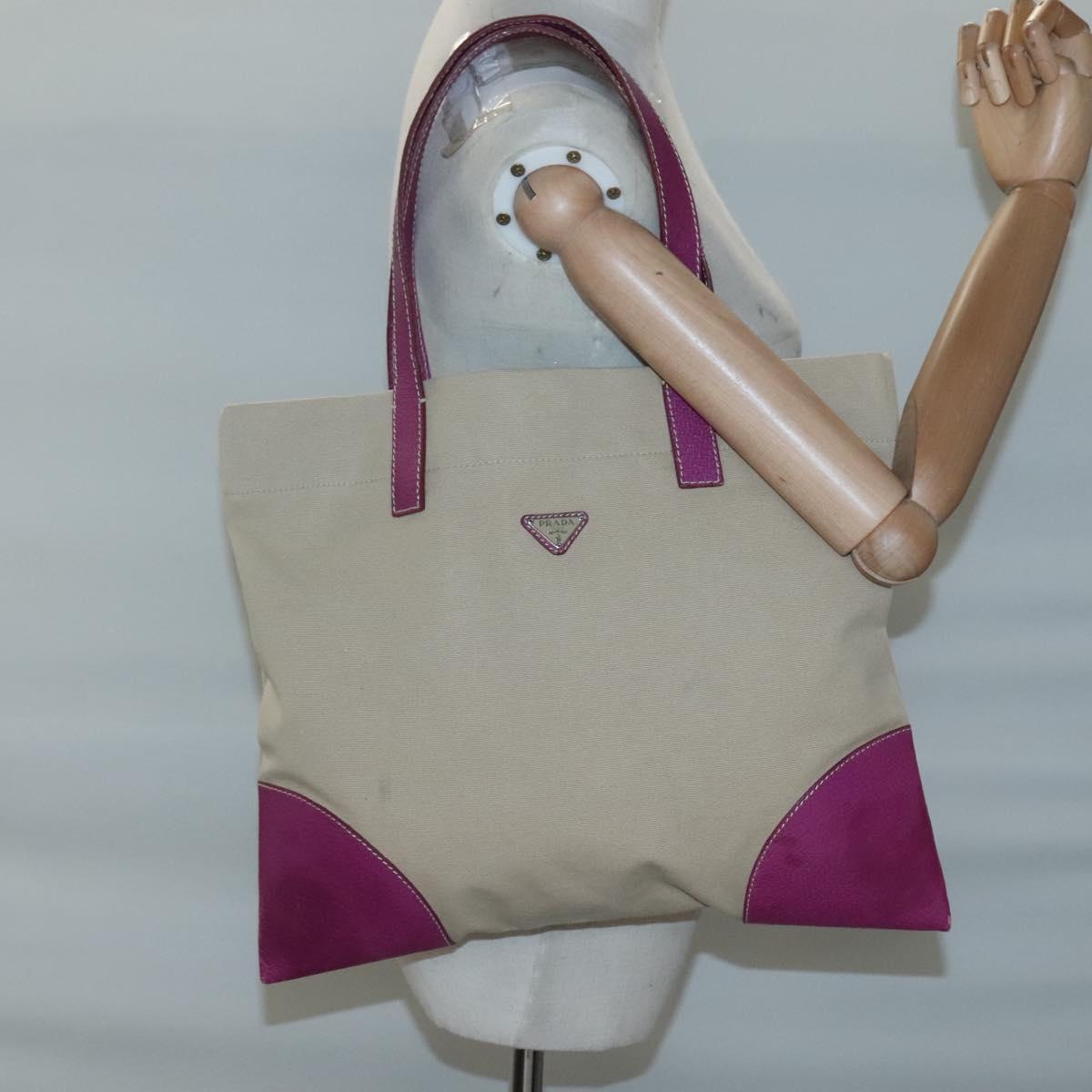 PRADA Tote Bag Canvas Leather Beige Silver Auth 121707