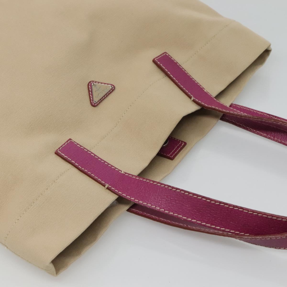 PRADA Tote Bag Canvas Leather Beige Silver Auth 121707