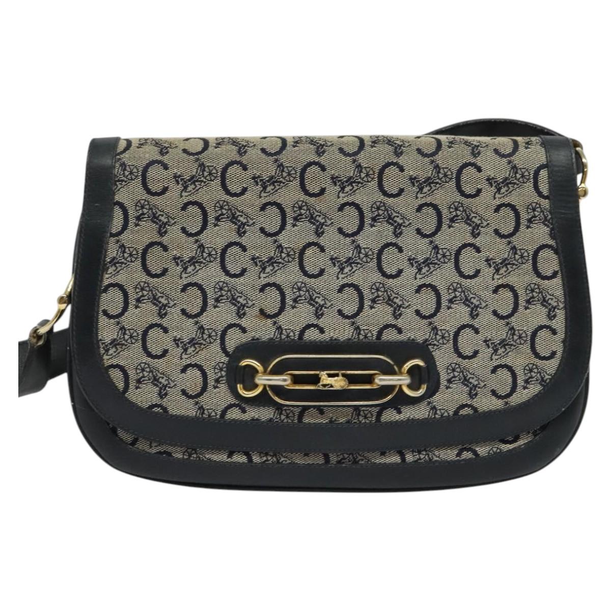 CELINE C Sulky Shoulder Bag Canvas Navy Gold Auth 121724