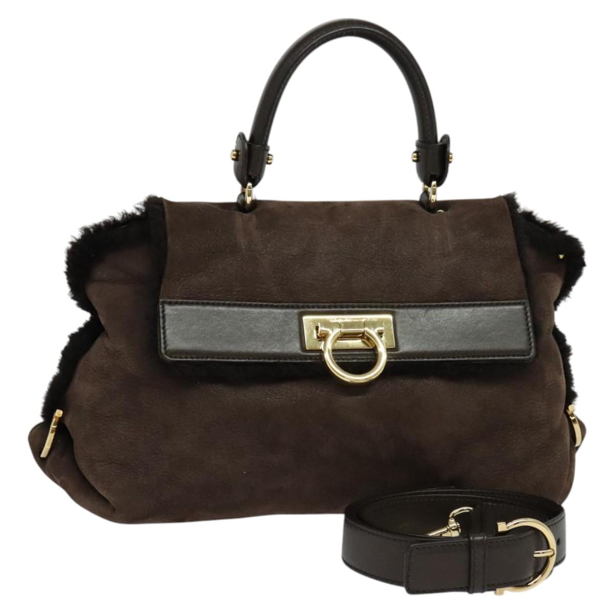 Salvatore Ferragamo Gancini Hand Bag Mouton 2way Brown Gold Auth 121725