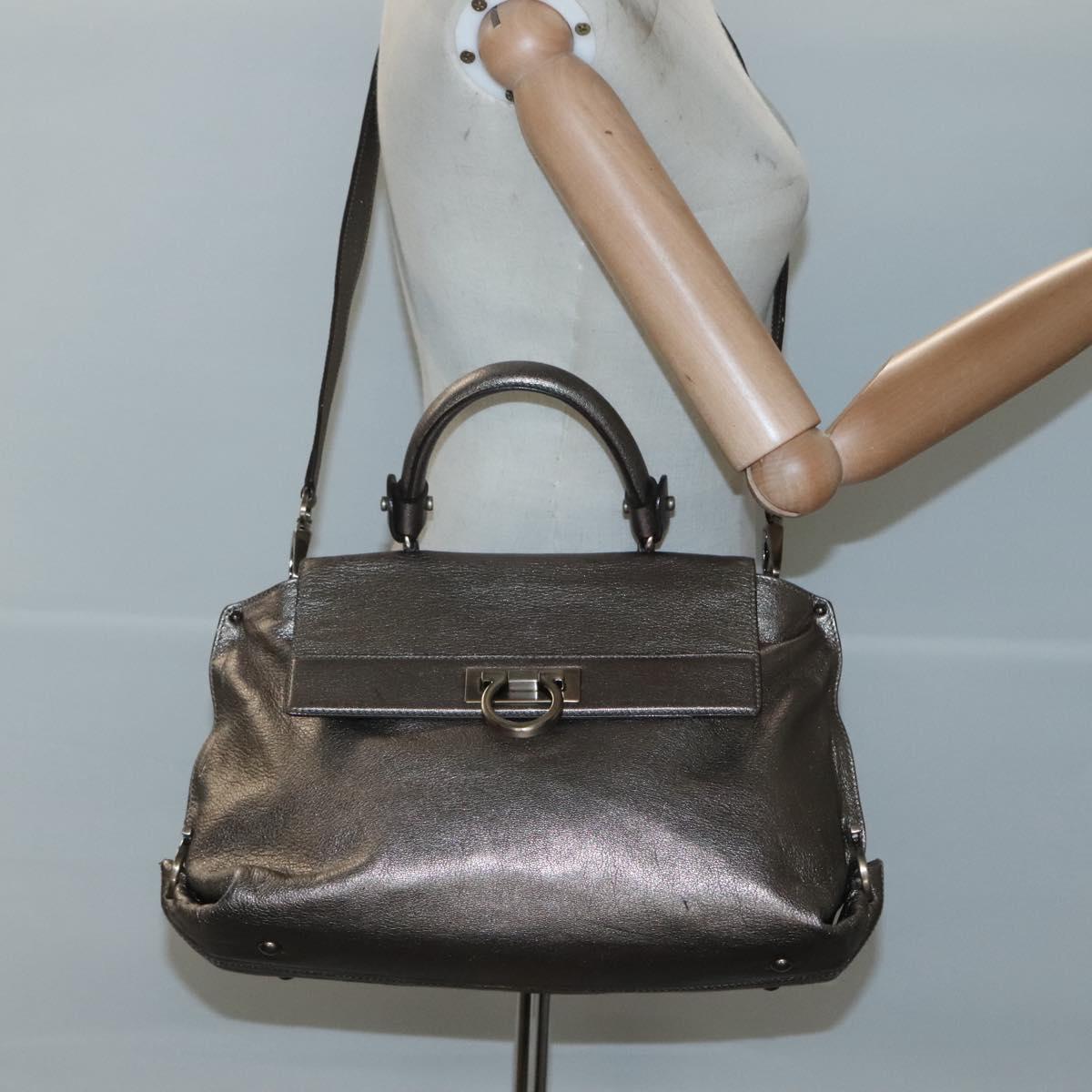 Salvatore Ferragamo Gancini Hand Bag Leather 2way Gold Tone Auth 121739