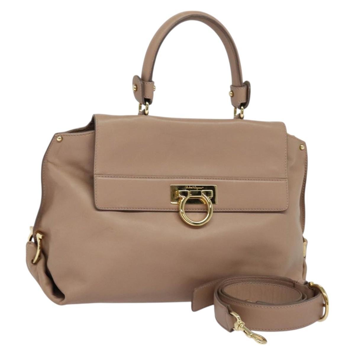 Salvatore Ferragamo Gancini Sofia Hand Bag Leather 2way Beige Gold Auth 121740