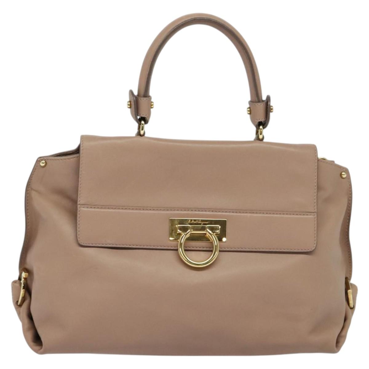 Salvatore Ferragamo Gancini Sofia Hand Bag Leather 2way Beige Gold Auth 121740