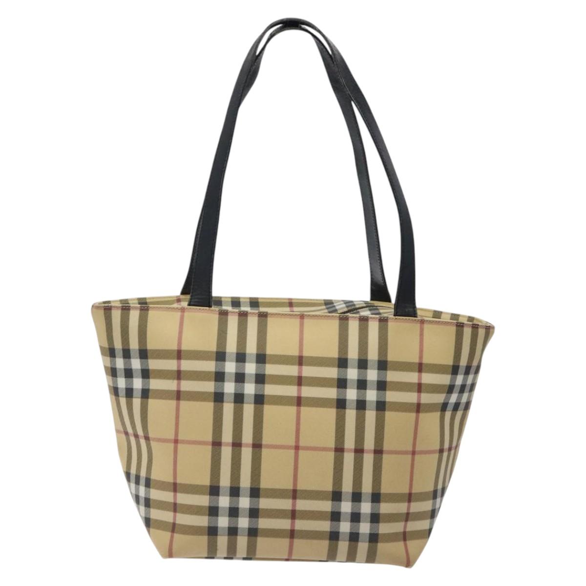 BURBERRY Nova Check Tote Bag PVC Beige Silver Auth 121809