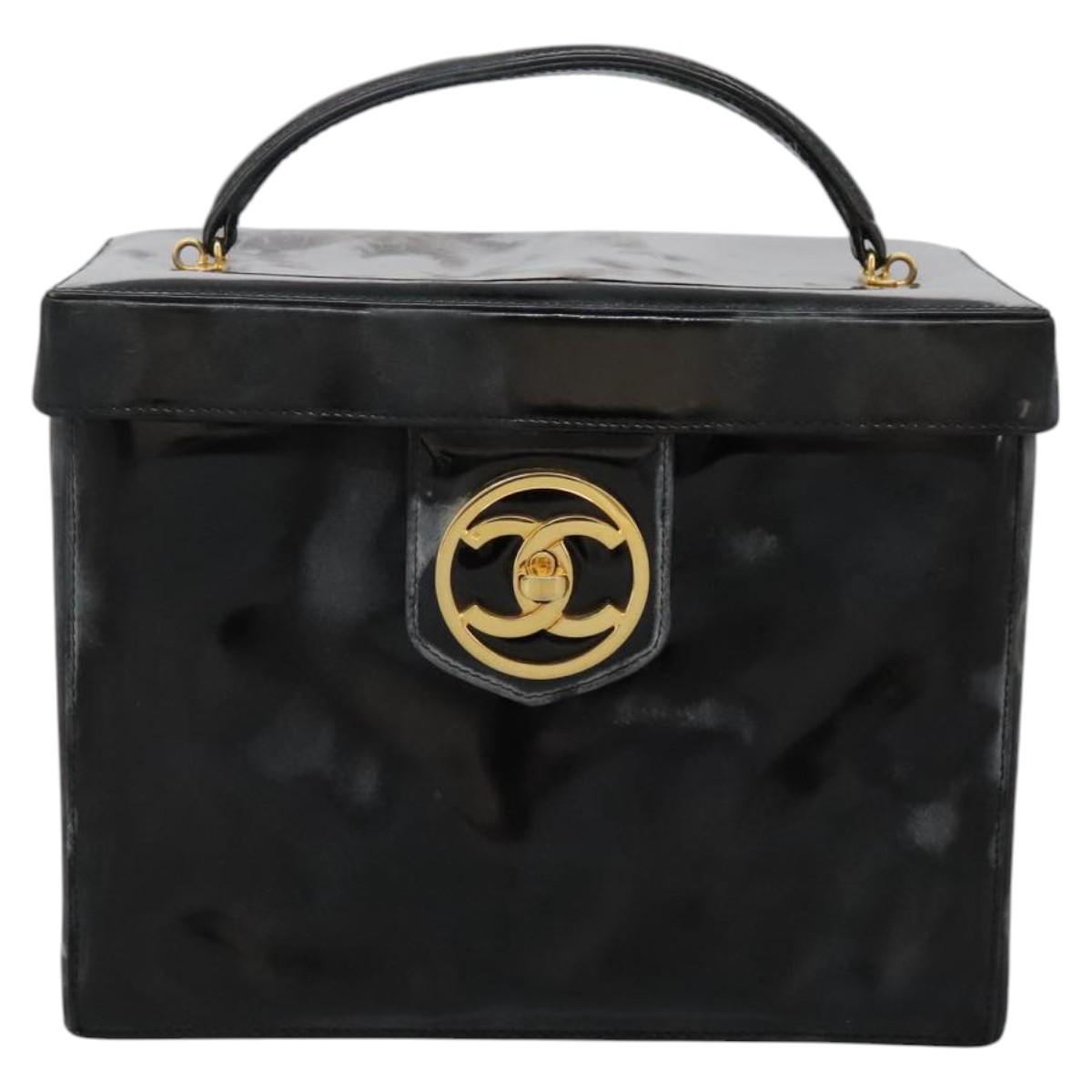 CHANEL Vanity Bag Patent Leather 2way Black Gold CC Auth 121811