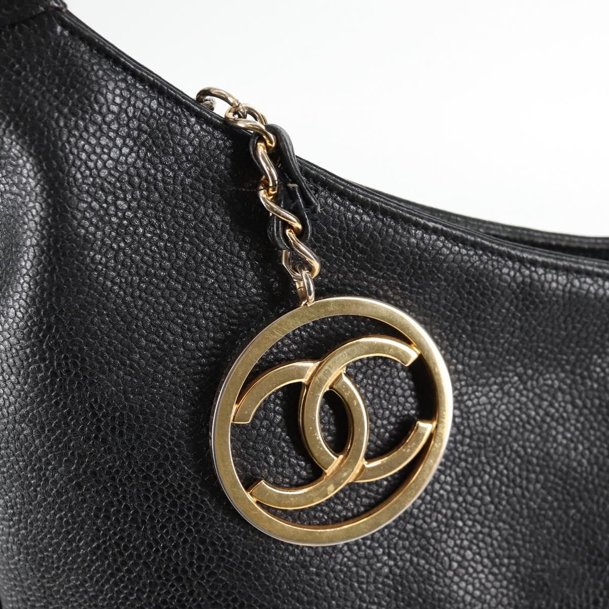CHANEL COCO Mark Shoulder Bag Caviar Skin Black Gold CC Auth 121888