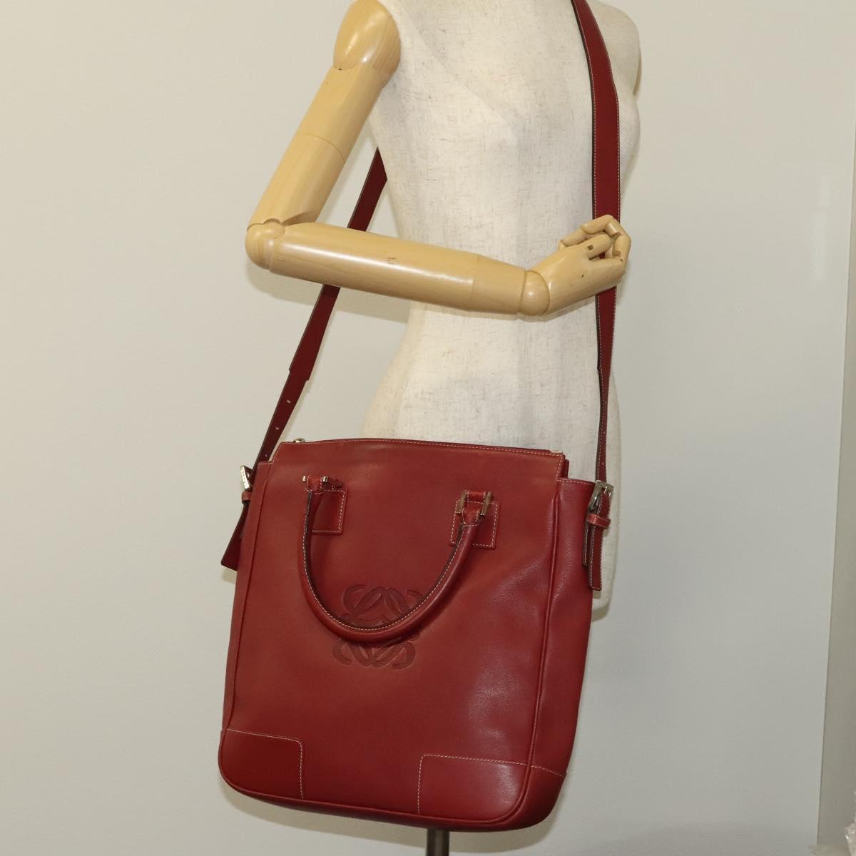 LOEWE Anagram Hand Bag Leather 2way Red Silver Auth 121972