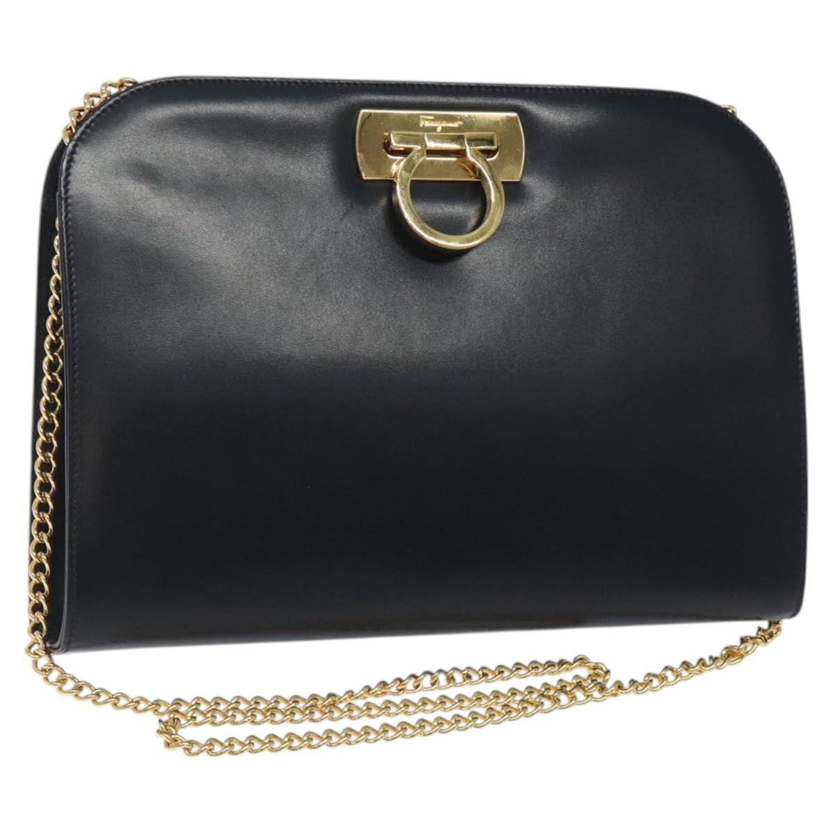Salvatore Ferragamo Gancini Chain Shoulder Bag Leather Navy Gold Auth 121996