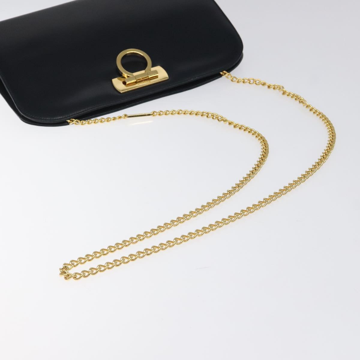 Salvatore Ferragamo Gancini Chain Shoulder Bag Leather Navy Gold Auth 121996