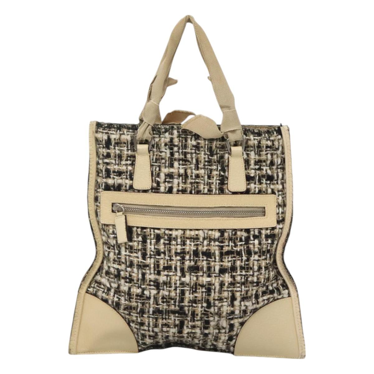 PRADA Hand Bag Tweed Leather Beige Auth 121997