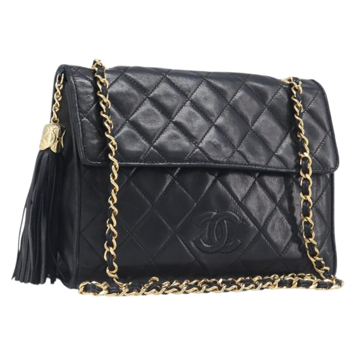 CHANEL Matelasse COCO Mark Chain Bag Lamb Skin Black Gold CC Auth 122001