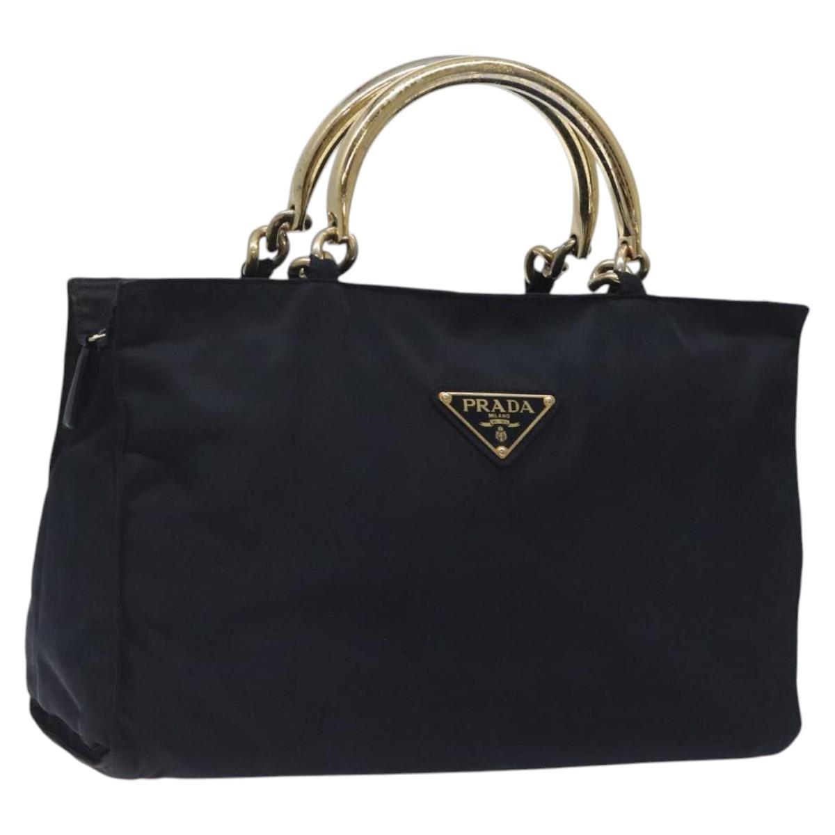 PRADA Chain Hand Bag Nylon Navy Gold Auth 122095