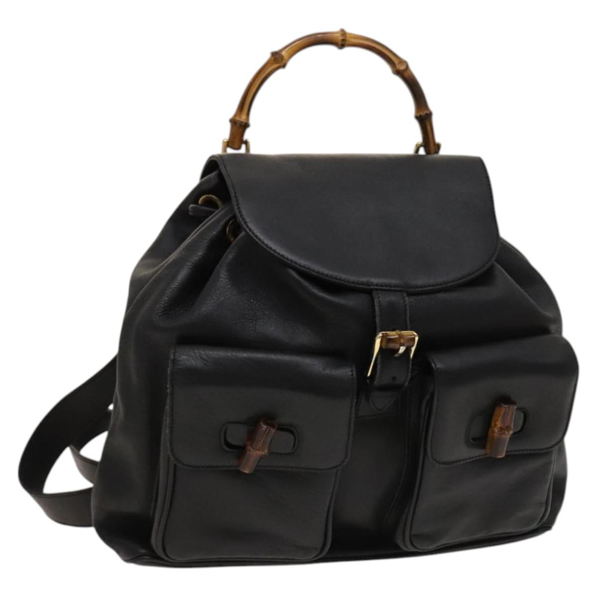 GUCCI Bamboo Backpack Leather Black Gold 003 2058 0016 Auth 122099