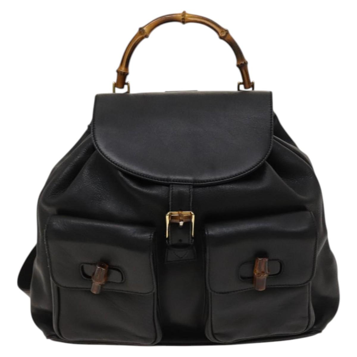 GUCCI Bamboo Backpack Leather Black Gold 003 2058 0016 Auth 122099