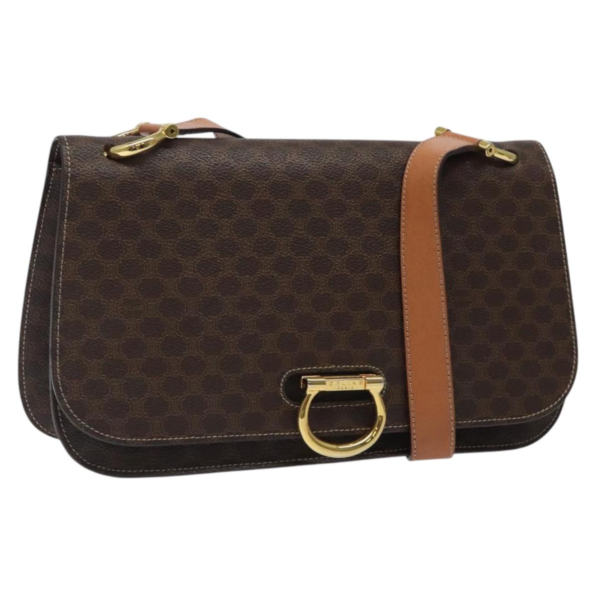 CELINE Macadam Canvas Shoulder Bag PVC Leather Brown Gold Auth 122137