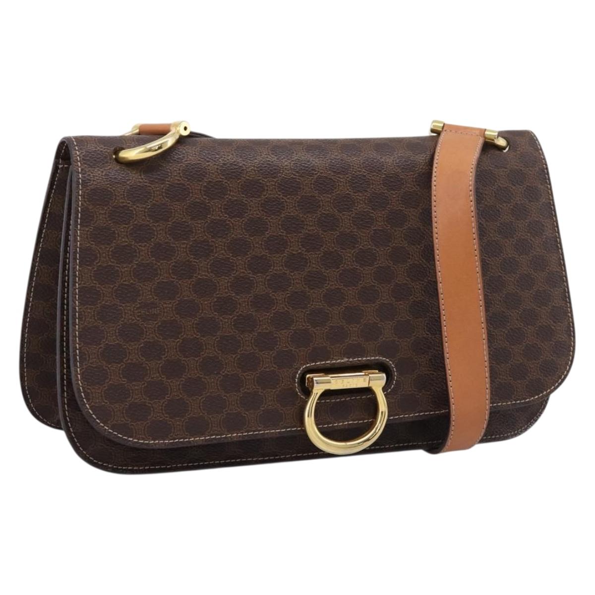 CELINE Macadam Canvas Shoulder Bag PVC Leather Brown Gold Auth 122137