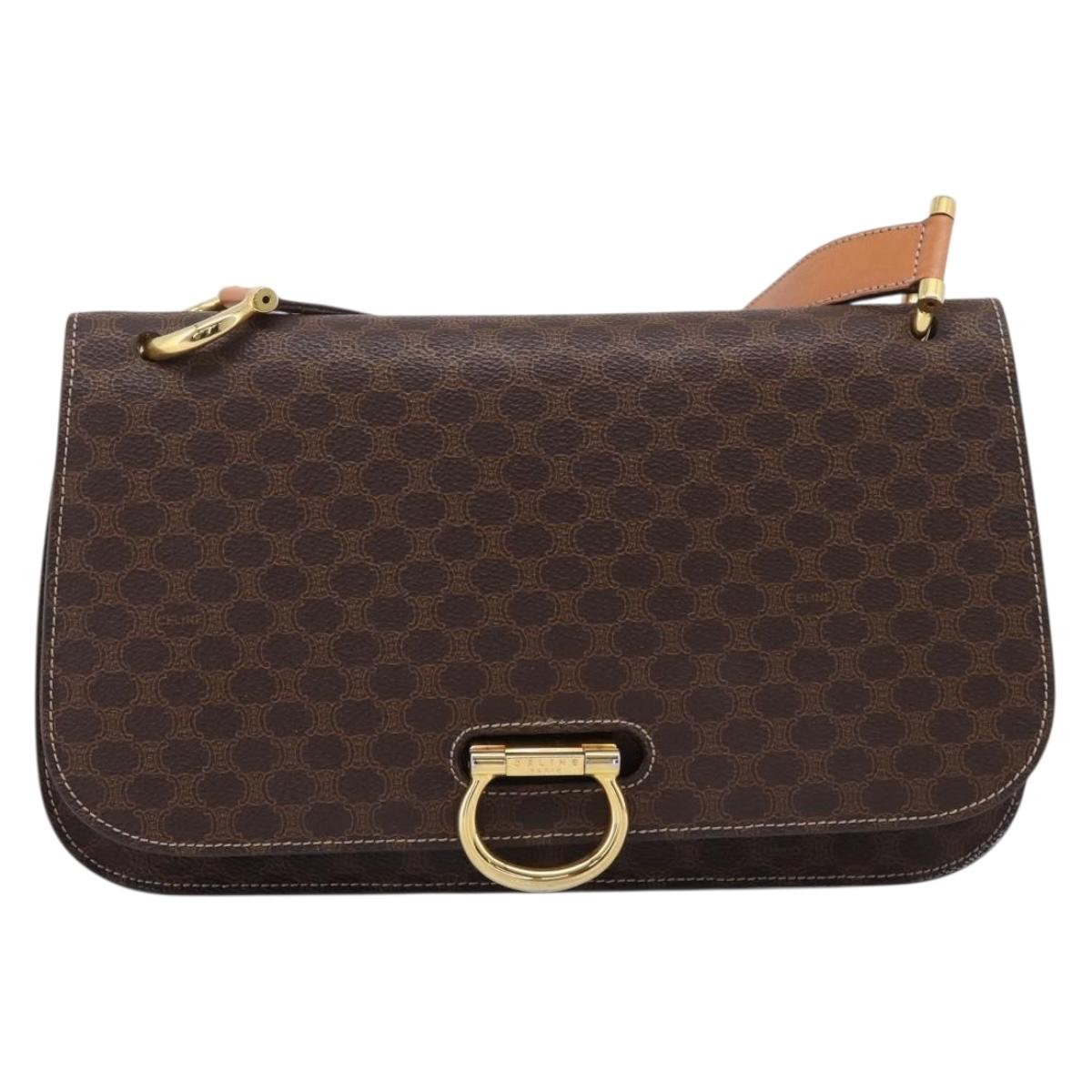 CELINE Macadam Canvas Shoulder Bag PVC Leather Brown Gold Auth 122137