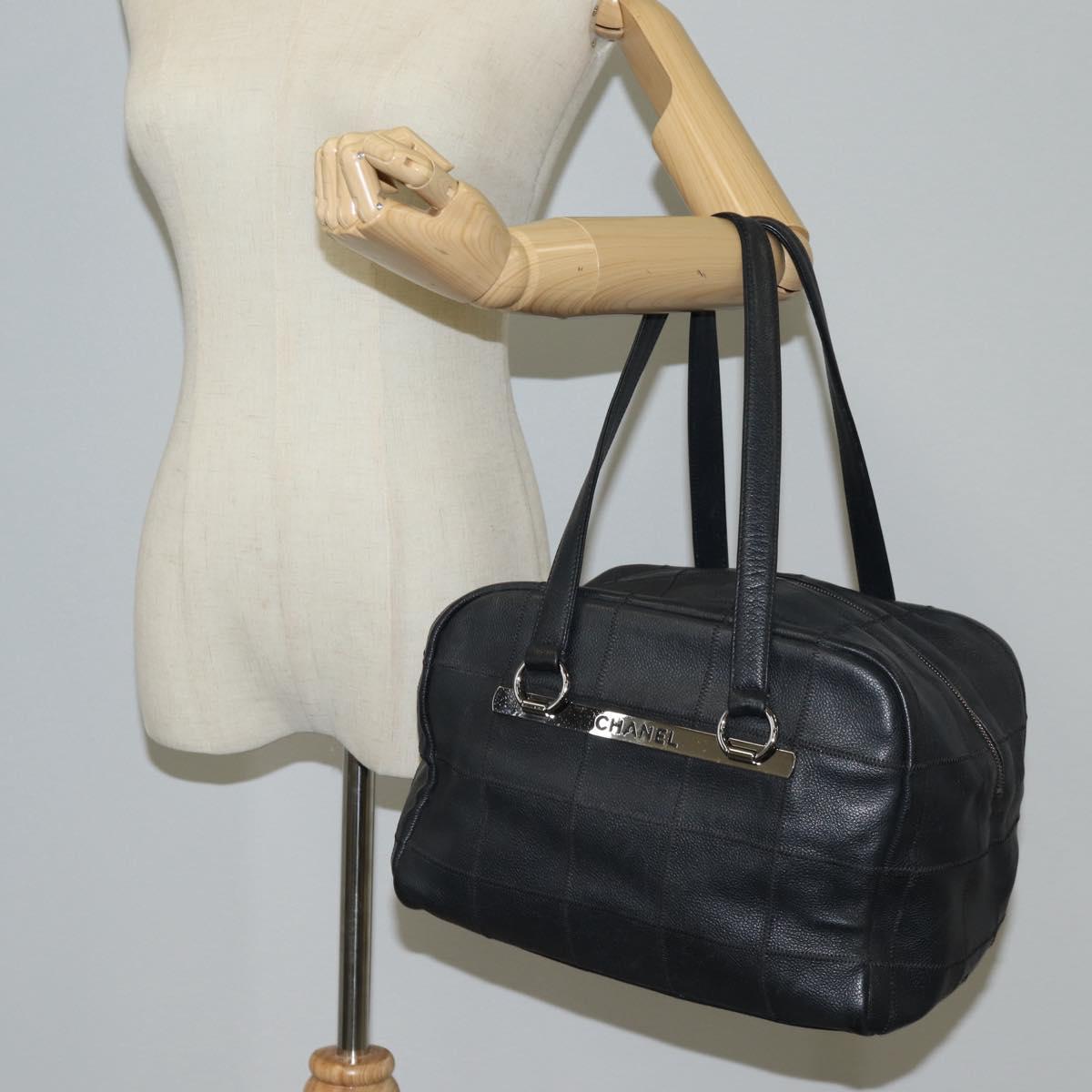 CHANEL Choco Bar Hand Bag Caviar Skin Black Silver gold CC Auth 122199