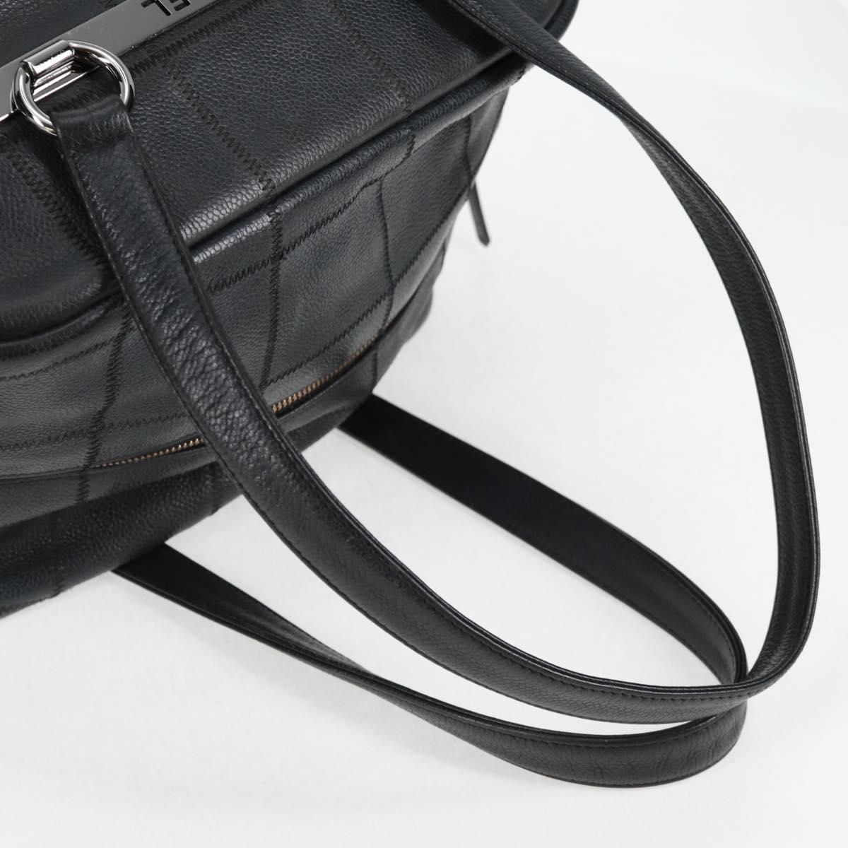 CHANEL Choco Bar Hand Bag Caviar Skin Black Silver gold CC Auth 122199