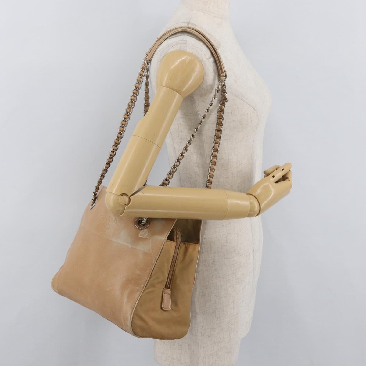 PRADA Chain Shoulder Bag Leather Beige Gold Auth 122203