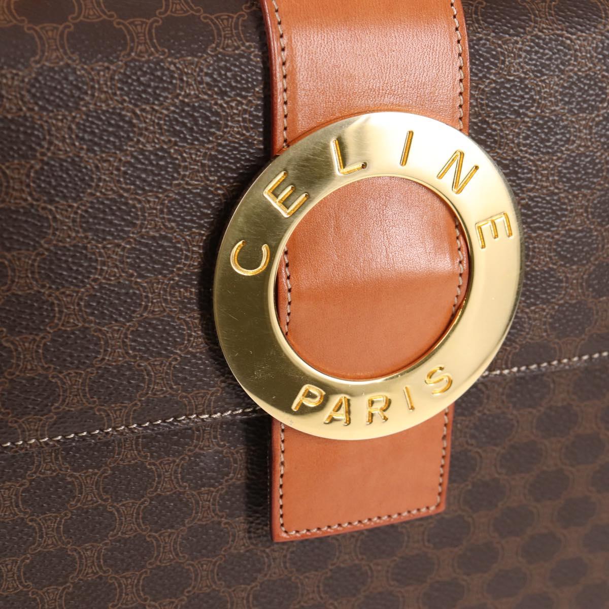 CELINE Circle Macadam Canvas Hand Bag PVC Leather 2way Brown Gold Auth 122270AV