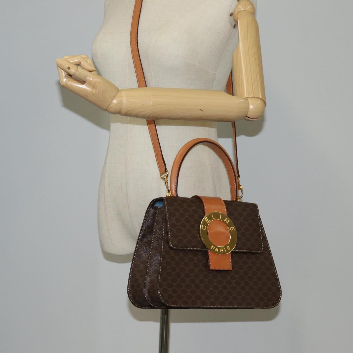 CELINE Circle Macadam Canvas Hand Bag PVC Leather 2way Brown Gold Auth 122270AV