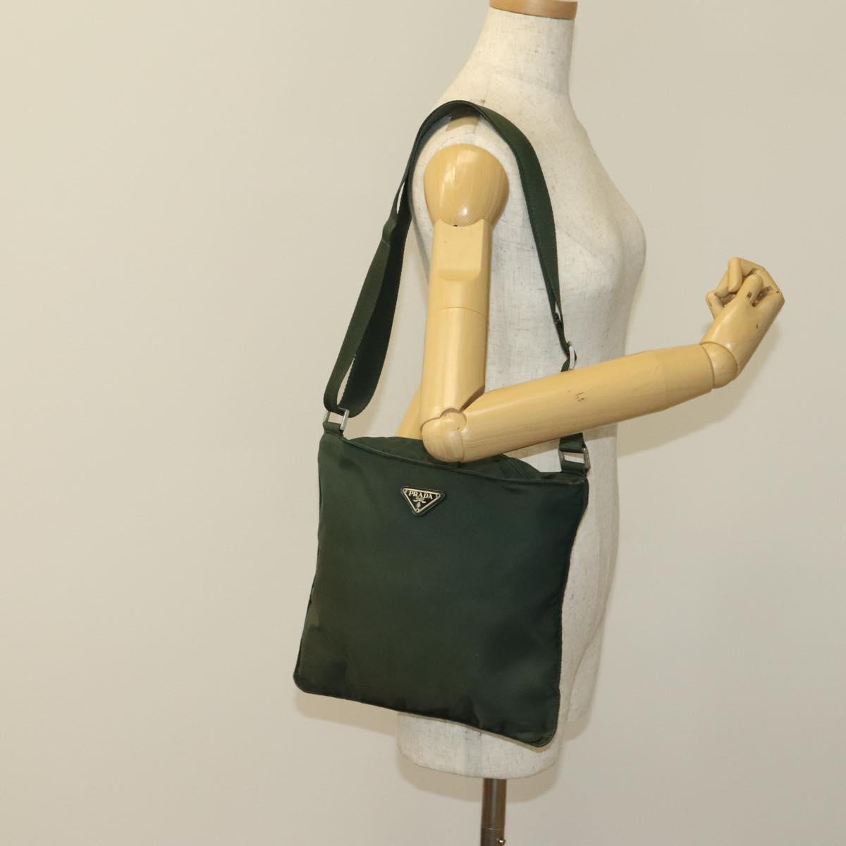 PRADA Shoulder Bag Nylon Khaki Silver Auth 122277