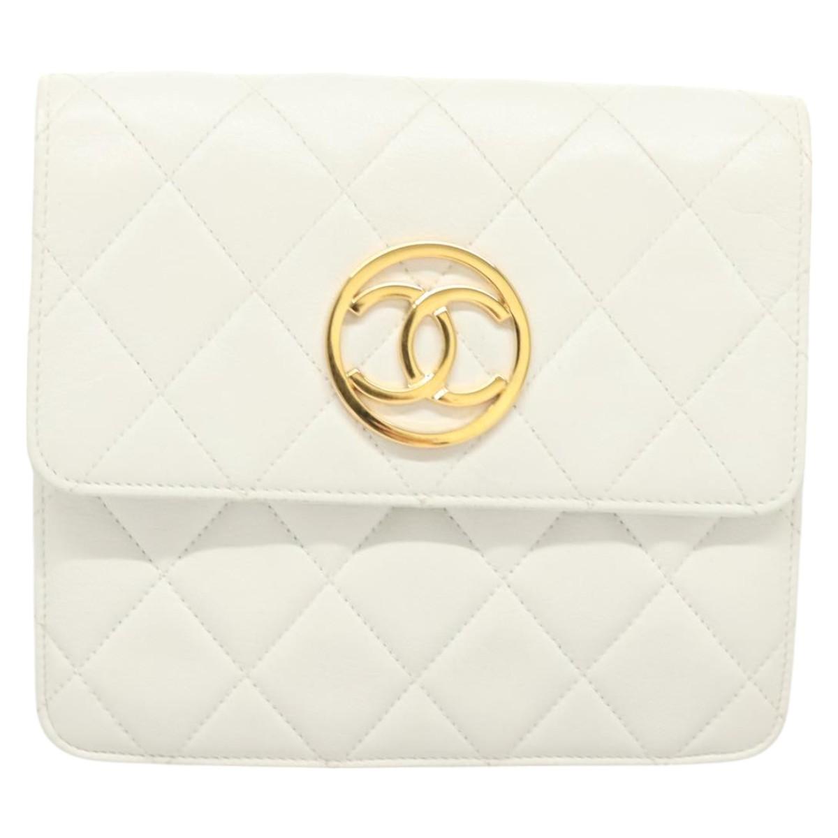CHANEL Matelasse COCO Mark Chain Bag Lamb Skin White Gold CC Auth 122303V