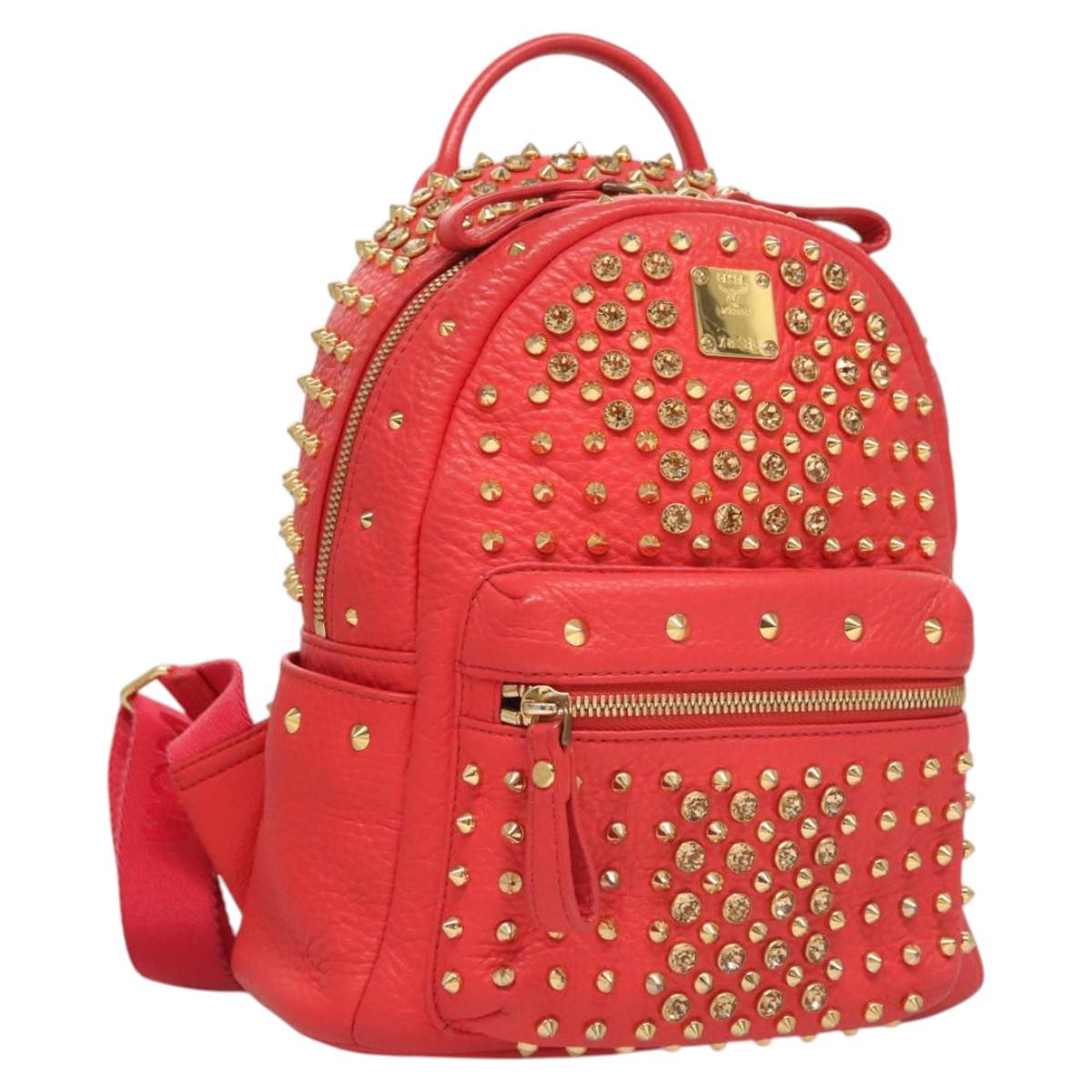 MCM Studs Backpack Leather Red Gold Auth 122310