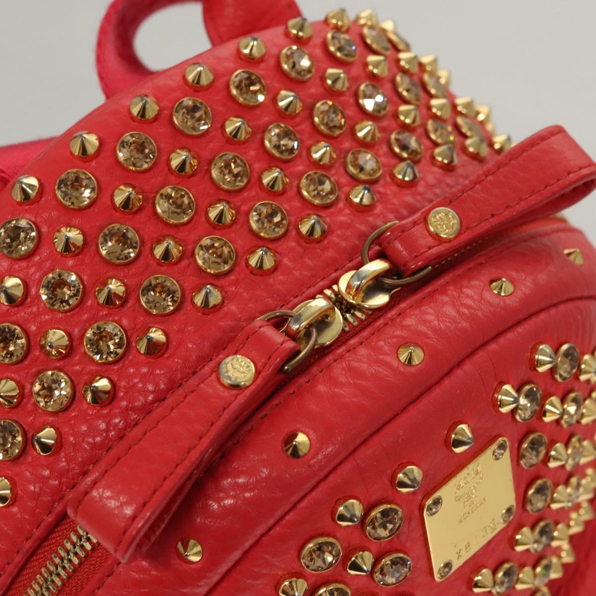MCM Studs Backpack Leather Red Gold Auth 122310