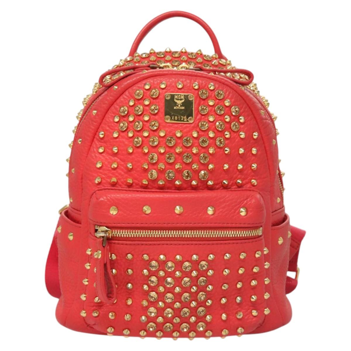 MCM Studs Backpack Leather Red Gold Auth 122310