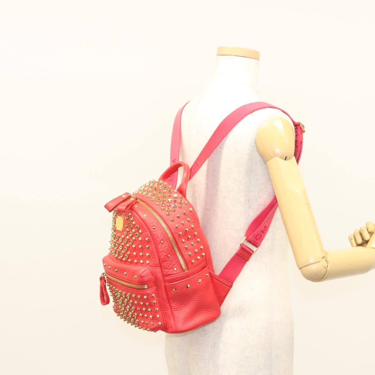 MCM Studs Backpack Leather Red Gold Auth 122310