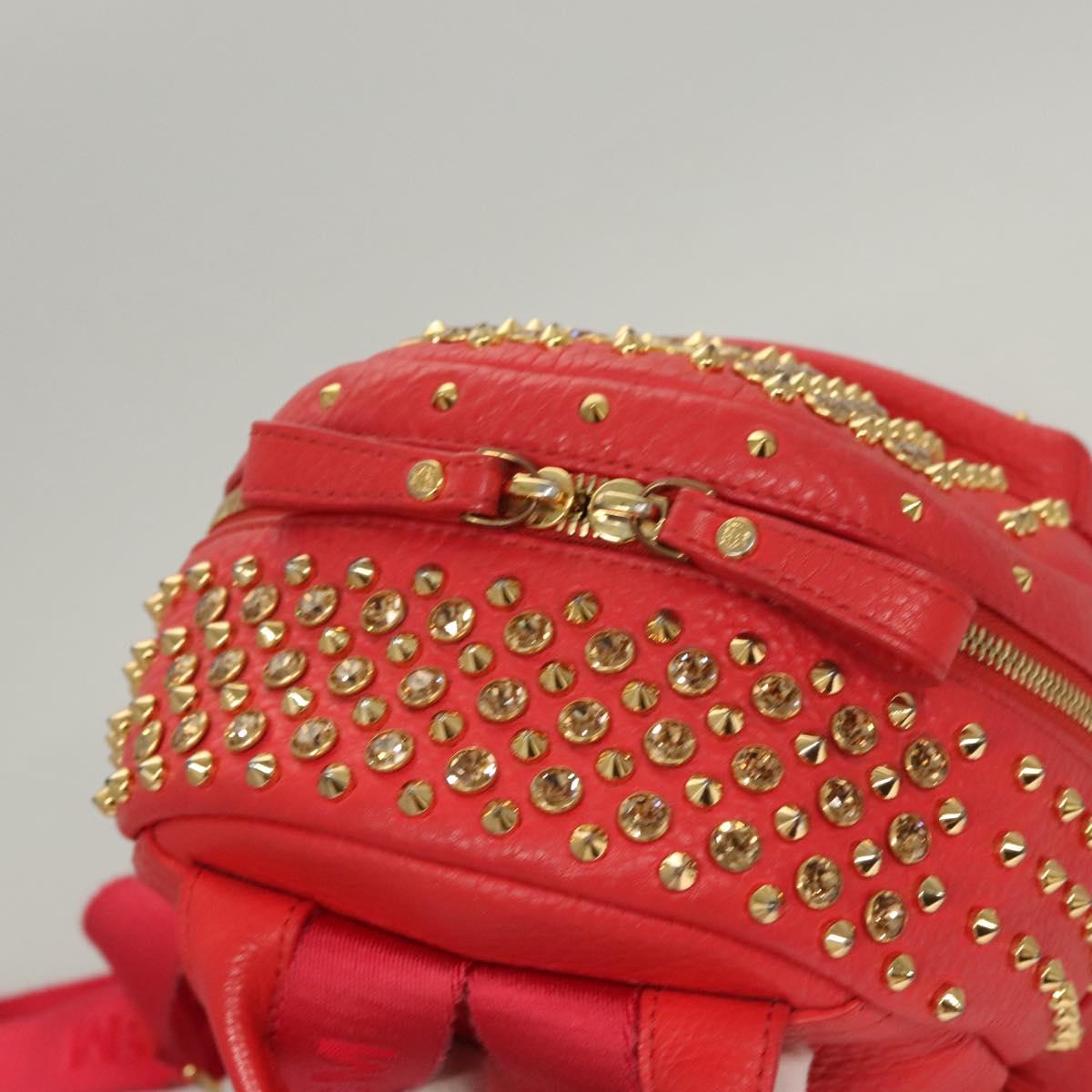 MCM Studs Backpack Leather Red Gold Auth 122310