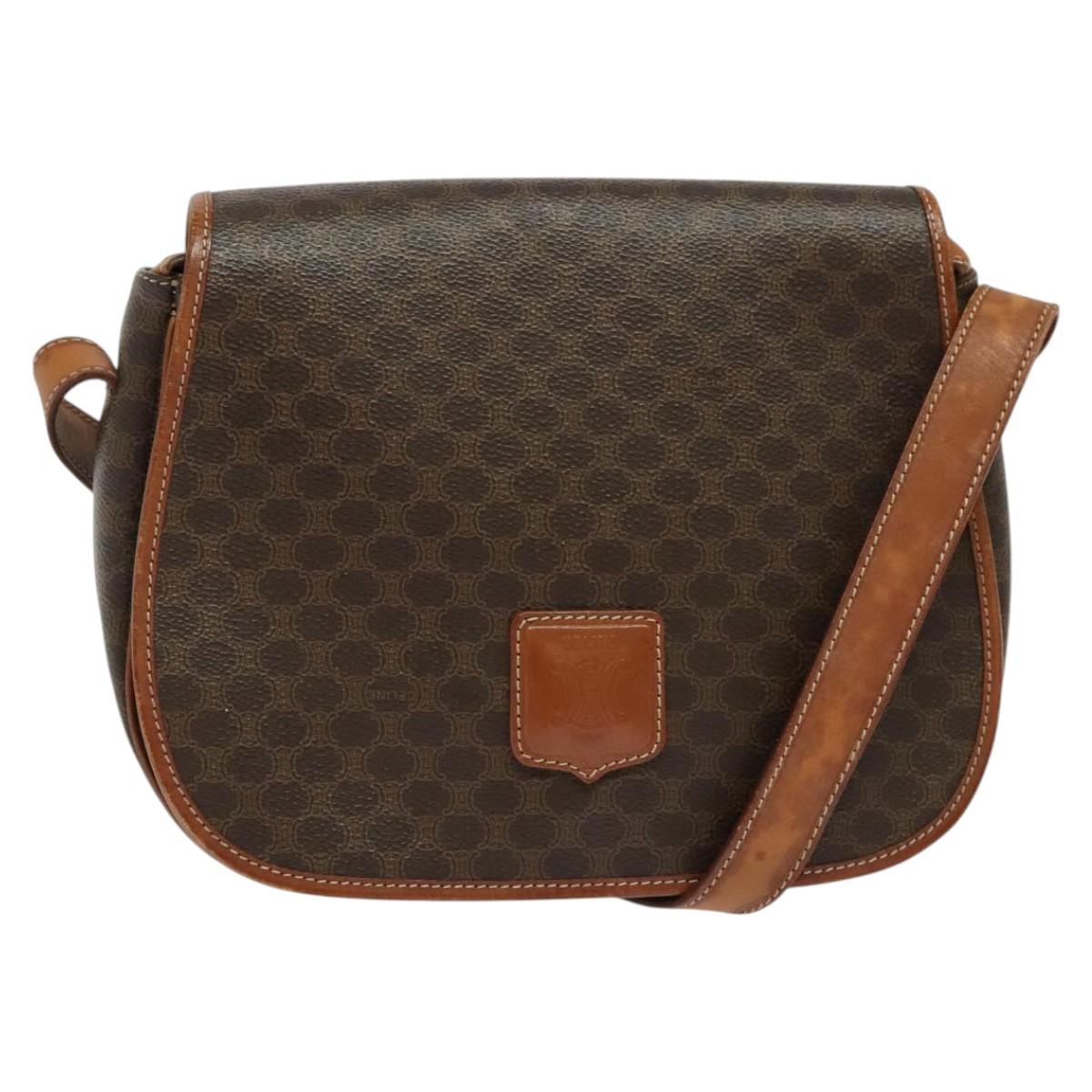 CELINE Macadam Canvas Shoulder Bag PVC Leather Brown Gold Auth 122373