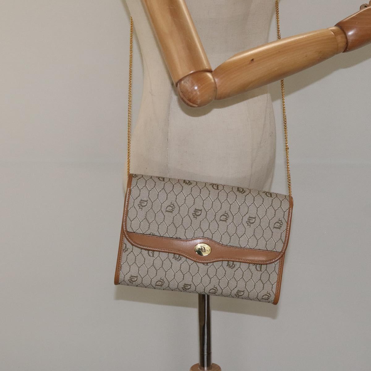 Christian Dior Honeycomb Canvas Chain Bag PVC Leather Beige Gold Auth 122377